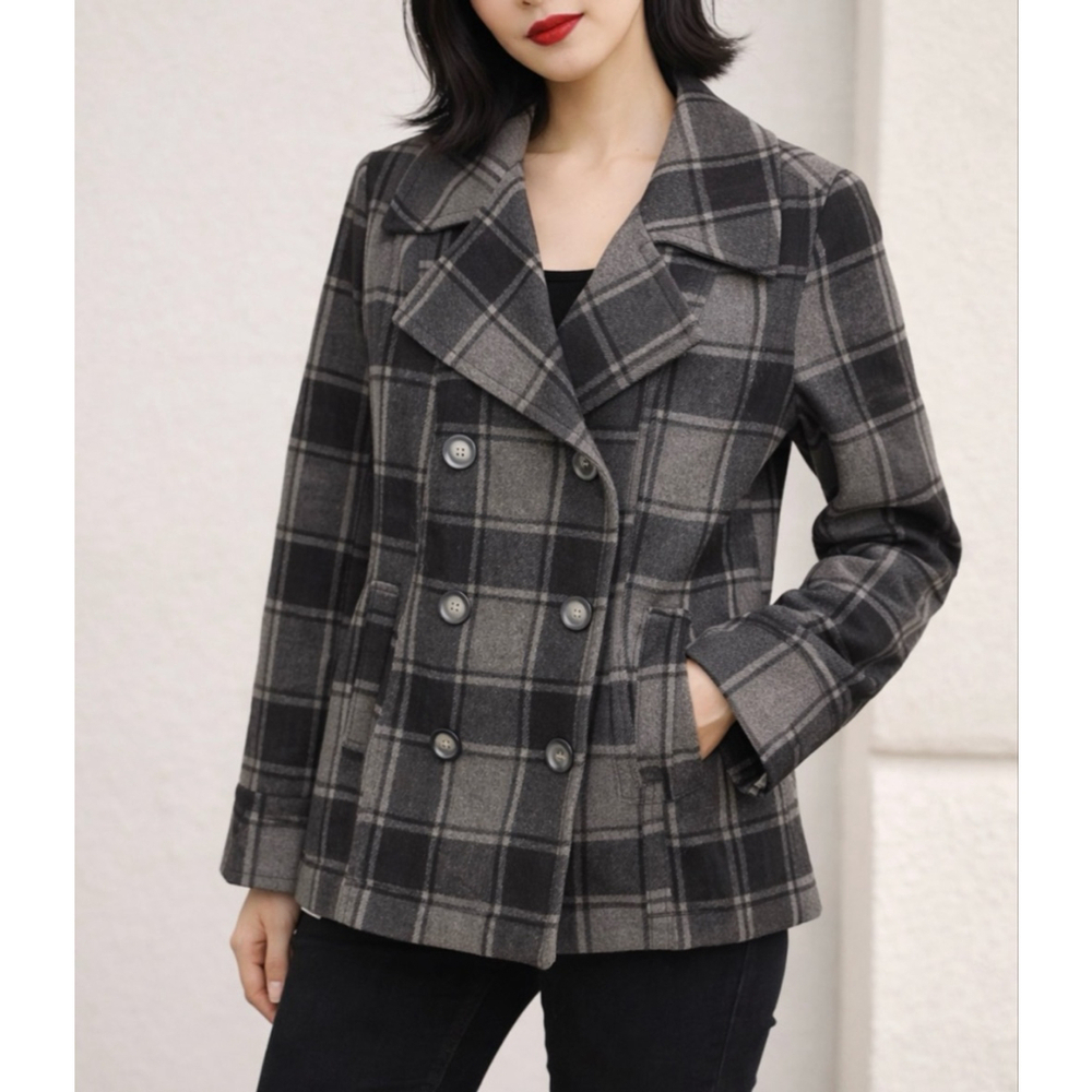 Old Navy Plaid Pea Coat Large Gray Black
